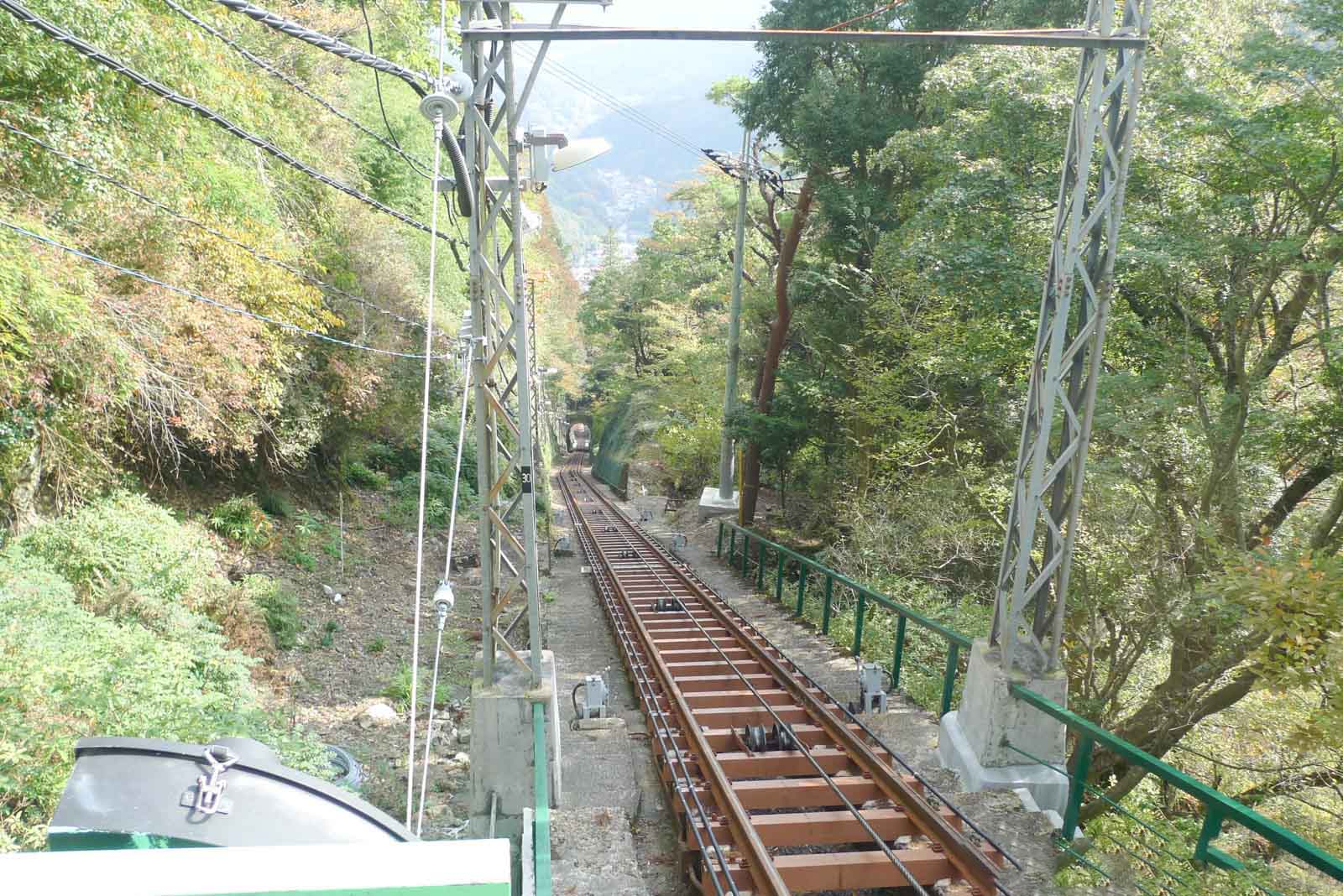 大山ケーブルカーから線路を見下ろした様子