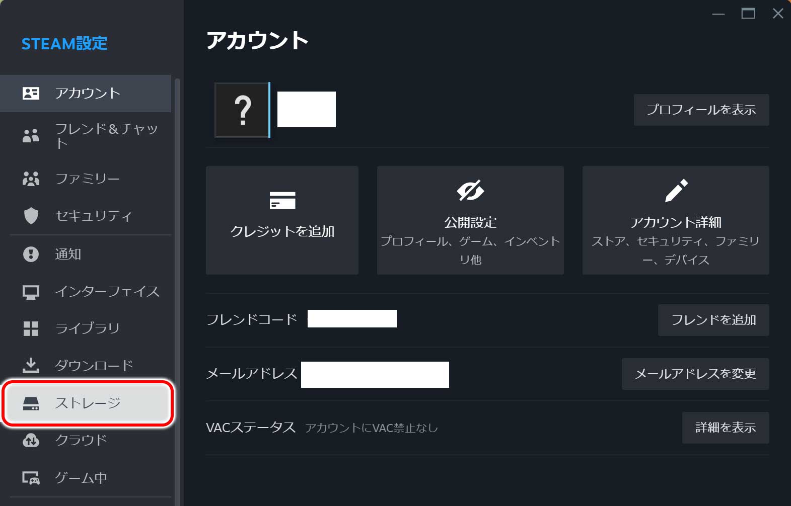 スチーム設定からストレージを選択