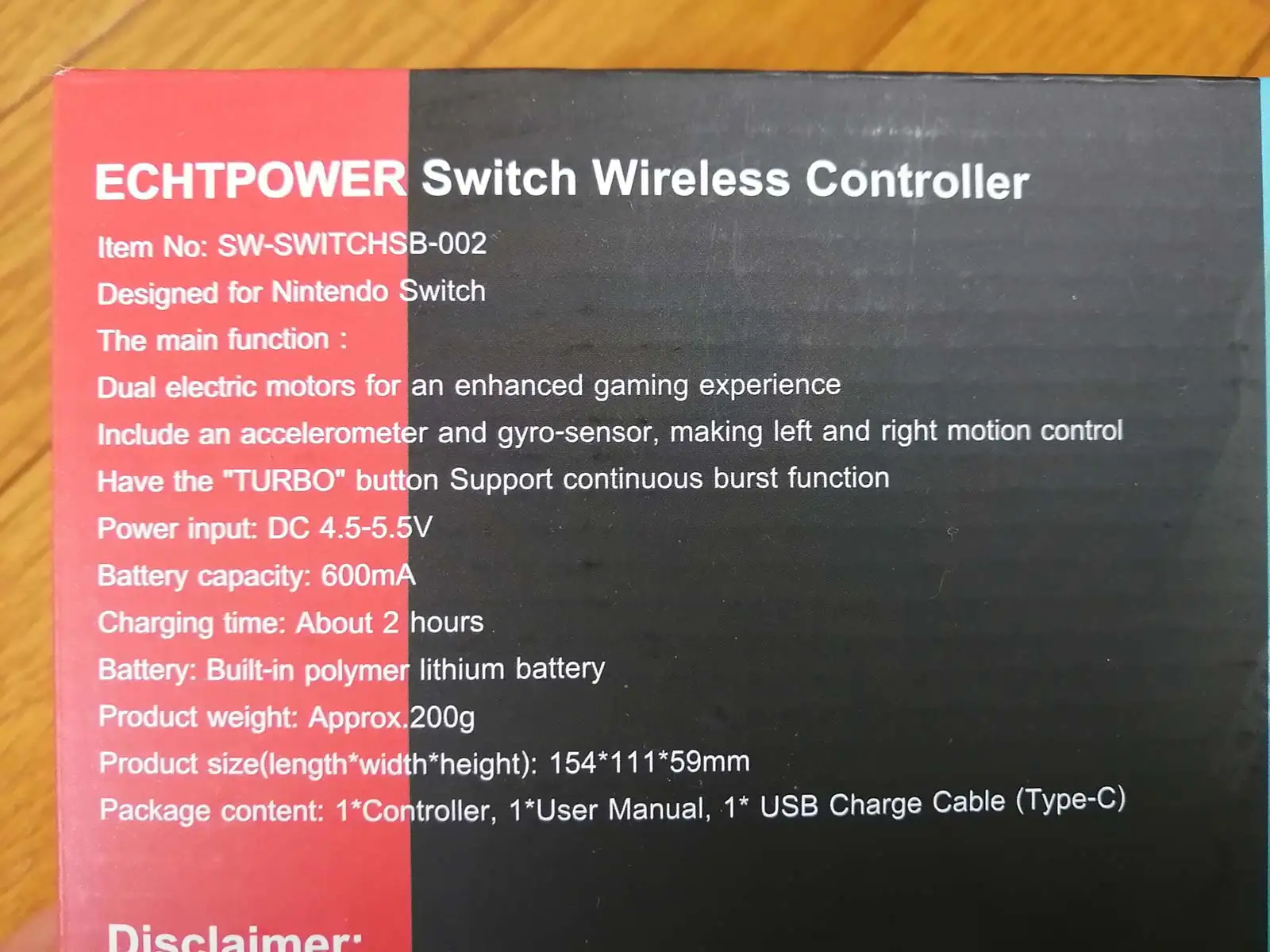ECHTPower Switch コントローラー pro 2020のパッケージ裏側1