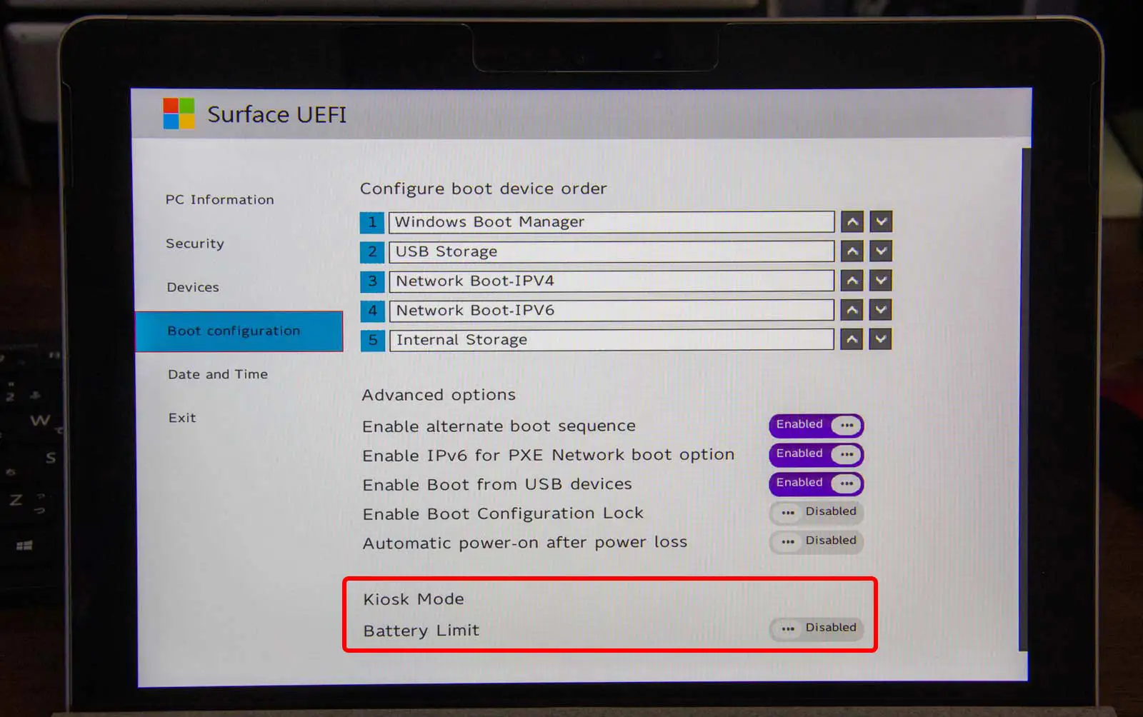 Surface UEFI BOOT CONFIGURATION